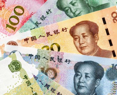 Mao Zedong 'un portresi olan Çin parası banknotları. Çin kağıt para birimi