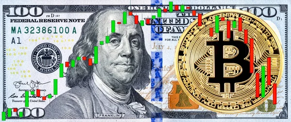 Grafik Penilaian Grafis Digital Bitcoin Terhadap Latar Belakang Uang Kertas — Stok Foto