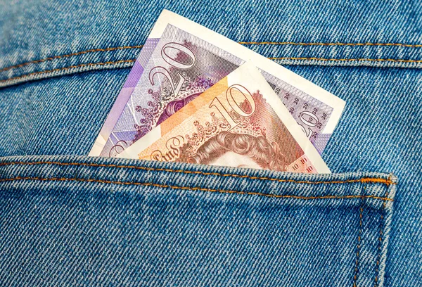England Pounds Banknotes Sticking Out Blue Jeans Pocket — Zdjęcie stockowe