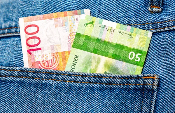 Norwegian Krone Banknotes Sticking Out Blue Jeans Pocket — Stockfoto