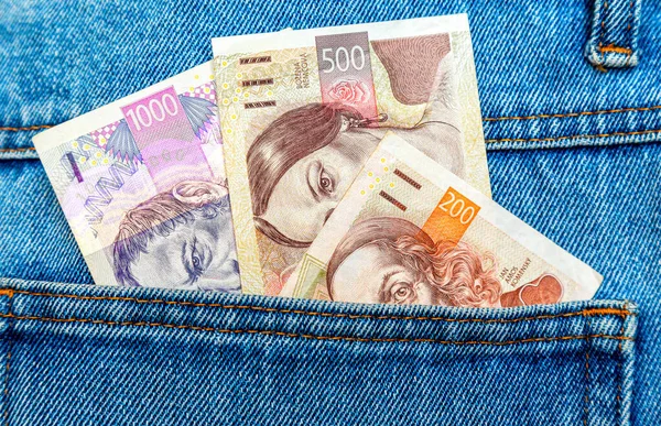 Czech Koruna Banknotes Sticking Out Blue Jeans Pocket — Stockfoto
