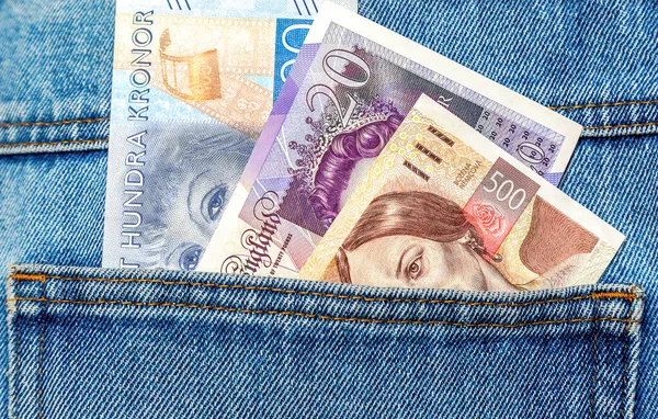 European Currency Banknotes Sticking Out Blue Jeans Pocket — Stockfoto