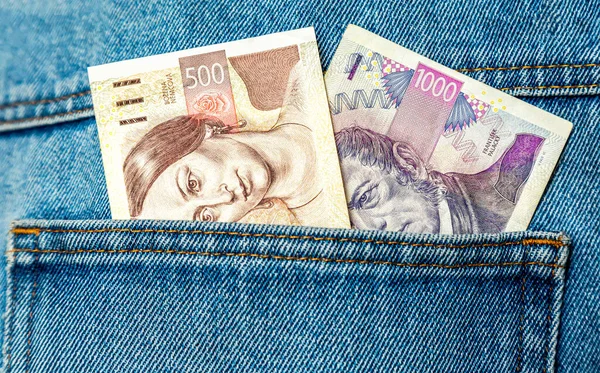 Czech Koruna Banknotes Sticking Out Blue Jeans Pocket — Stockfoto