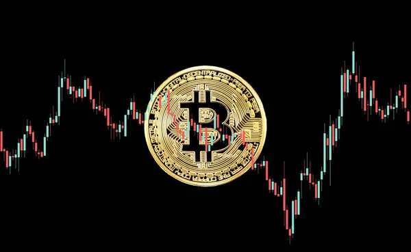 Grafiek Tarief Grafiek Bitcoin Digitaal Geld Tegen Zwarte Achtergrond Bitcoin Stockfoto