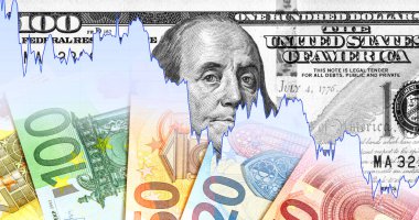 Grafik faiz çizelgesi Amerikan doları ve Avrupa para birimi banknotları. Euro, dolar para birimi oranı. İş konsepti