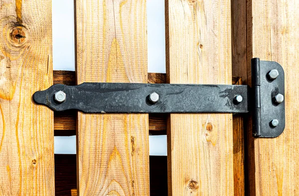 Black Metal Door Hinge Screwed Wooden Door — Stock fotografie