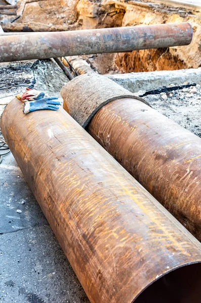 Vervanging Van Verwarmingsbuizen Modernisering Van Het Verwarmingssysteem Bouwwerkzaamheden Aan Grote — Stockfoto