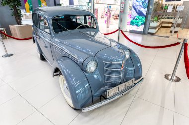 Samara, Russia - October 16, 2021: Vintage Moskvich-400 made in USSR 1940s compact car based on German Opel Kadett K38
