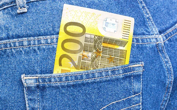 Sedel 200 Euro Sticker Den Blå Jeansfickan Nära Håll — Stockfoto