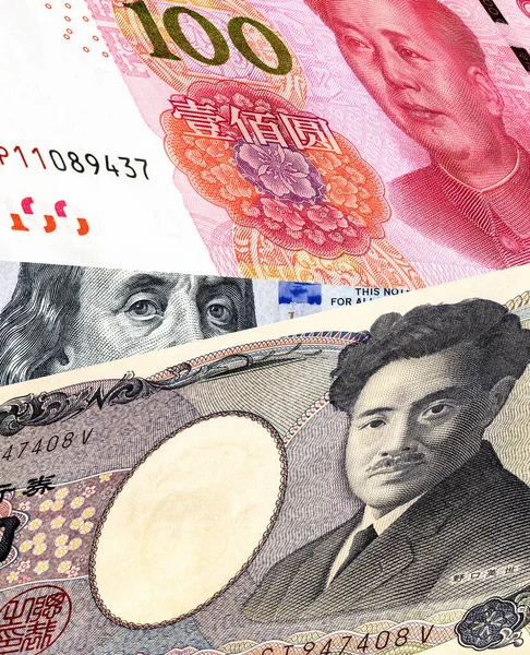 Китайські Юані Японські Єни Американські Доларові Купюри Закриваються Торгівля Бізнес — стокове фото