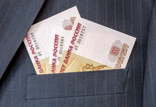 Russian Roubles Banknotes Sticking Out Out Business Suit Pocket Money — Stock Photo, Image