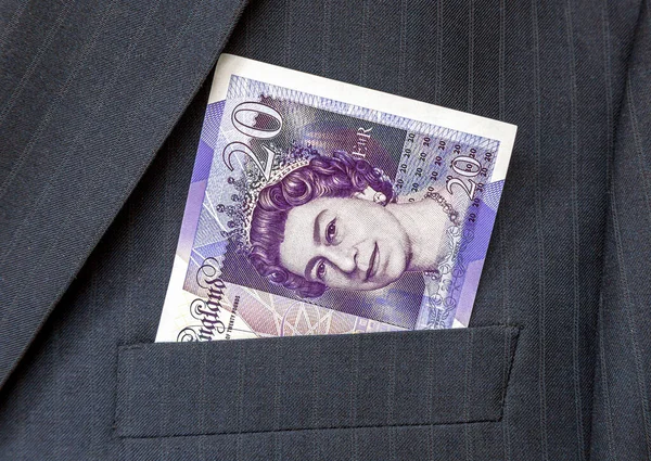 Banknoty Funtów Brytyjskich Wystające Kieszeni Garnituru Biznesmena Pieniądze Kieszeni Garnituru — Zdjęcie stockowe