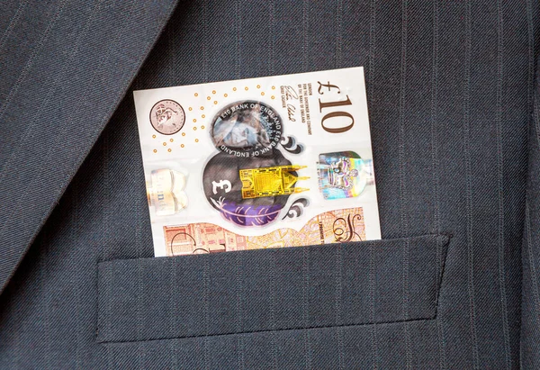 Banknoty Funtów Brytyjskich Wystające Kieszeni Garnituru Biznesmena Pieniądze Kieszeni Garnituru — Zdjęcie stockowe