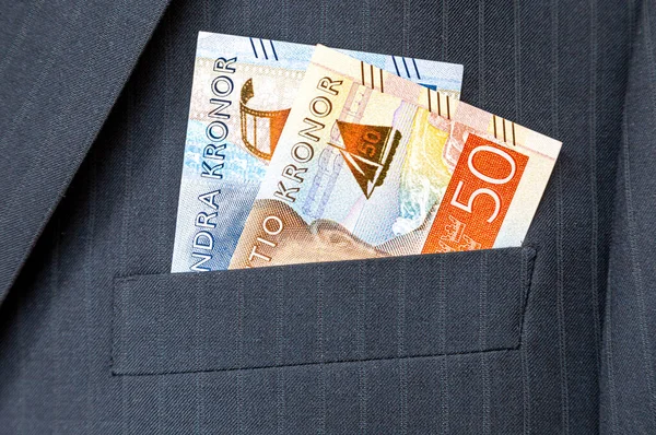 Svenska Kronor Sedlar Sticker Affärsmannens Kostymficka Pengar Fickan Kostym — Stockfoto