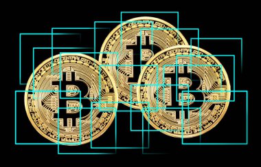 Blockchain ağ konsepti, dağıtılmış teknoloji, blok zinciri ve altın Bitcoin ile bilgisayar bağlantısı. Dünya çapında kripto para birimi iş kavramı