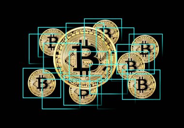 Blockchain ağ konsepti, dağıtılmış teknoloji, blok zinciri ve altın Bitcoin ile bilgisayar bağlantısı. Dünya çapında kripto para birimi iş kavramı