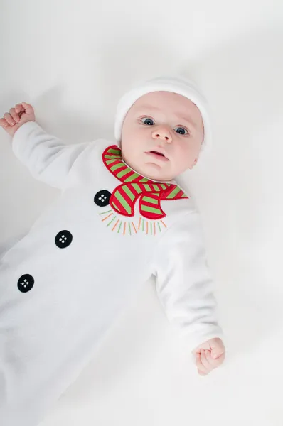 Menino em traje de boneco de neve — Fotografia de Stock