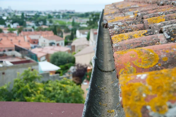 Grondaia pioggia sul vecchio tetto di piastrelle — Foto Stock