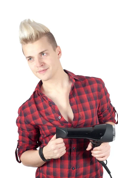 Portrait of handsome man in red with hairdryer — Stock Photo, Image