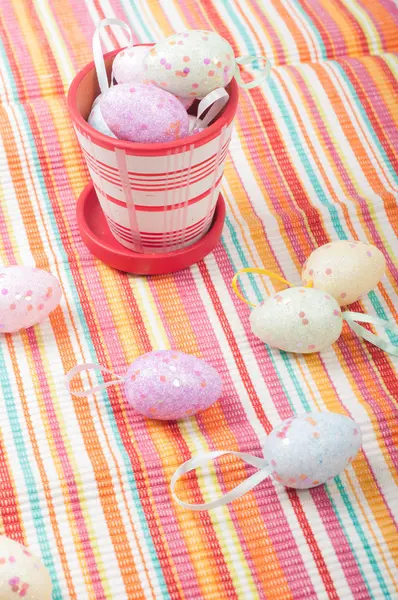 Striped napkin and easter eggs — Stock Photo, Image