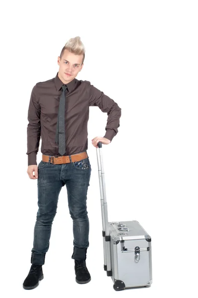 Portret van knappe man met koffer — Stockfoto