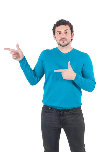 Man in blue pointing with his fingers — Stock Photo, Image