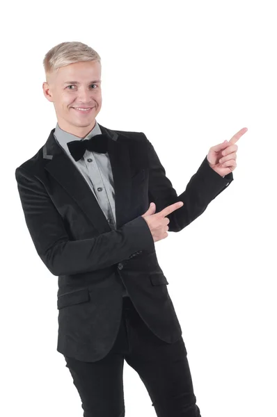 Man in black pointing with his fingers — Stock Photo, Image