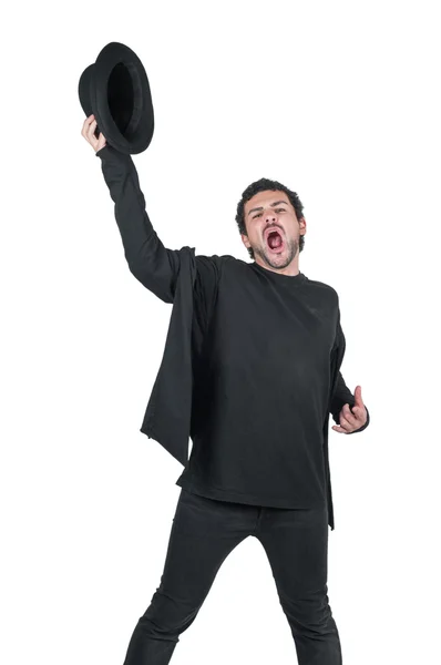 Homem com chapéu na mão gritando — Fotografia de Stock
