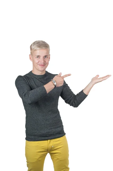 Man in yellow and gray pointing with his fingers — Stock Photo, Image