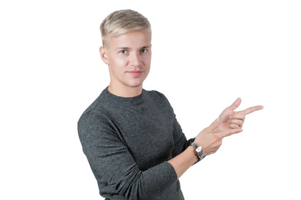 Man in gray pointing with his fingers — Stock Photo, Image