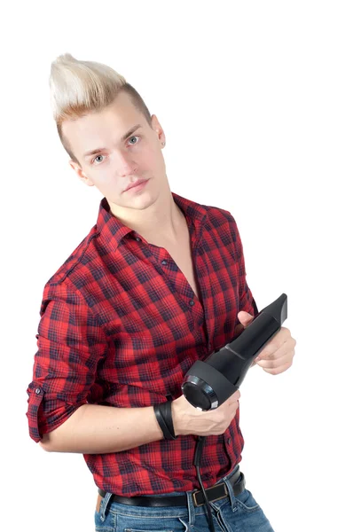 Retrato de homem bonito com secador de cabelo — Fotografia de Stock