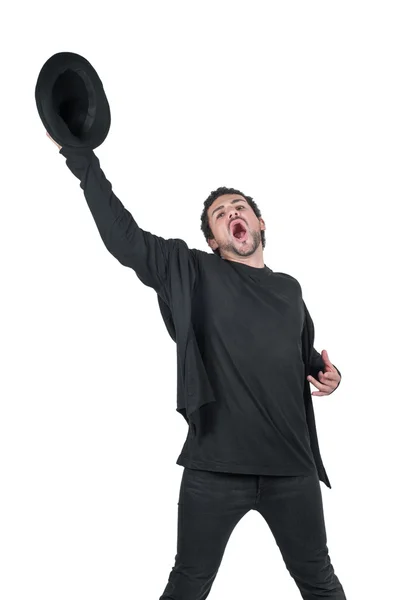 Young man with hat in hand yelling — Stock Photo, Image