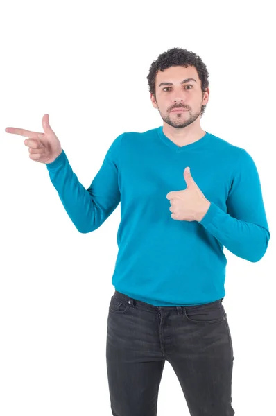 Male in blue pointing to somewhere — Stock Photo, Image