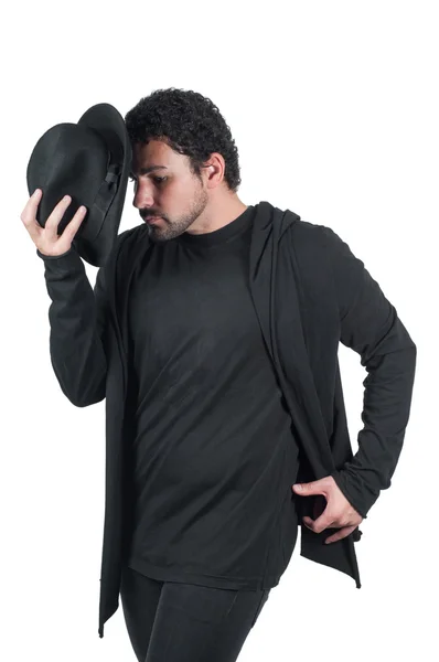 Man in black dancing with hat — Stock Photo, Image