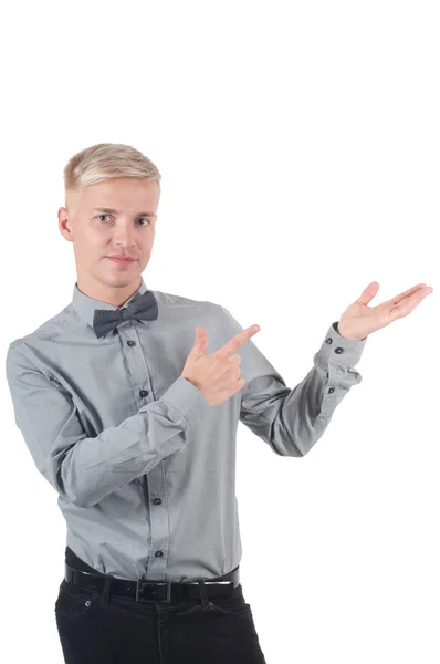 Man in het shirt en wijzen met zijn vingers ' bow-tie — Stockfoto