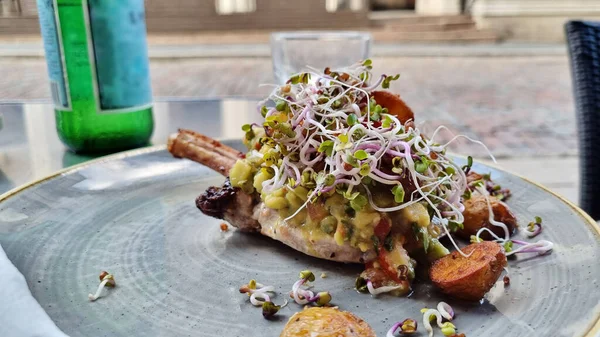 Grilled Beef Steaks Germinated Sprouts Plate — Stock Photo, Image