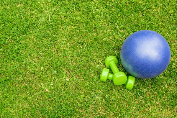 緑の芝生の背景に緑の女性ダンベルと青いボール トップビュー 屋外トレーニングコンセプト コピースペース — ストック写真