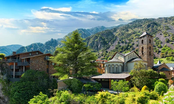 Cenografia Cidade Andorra Velha Com Casas Antigas Antiga Igreja Sant — Fotografia de Stock