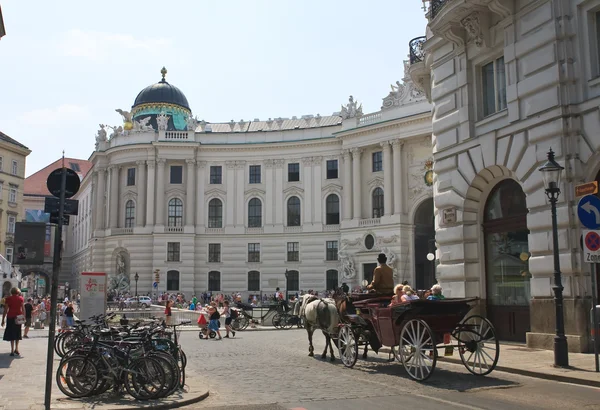 Carrozza trainata da cavalli con turisti per le strade di Vienna. Hof — Foto Stock