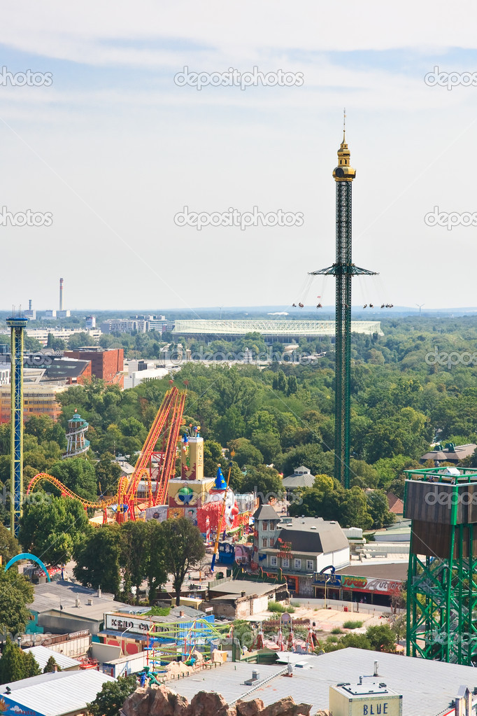 View of the Prater amusement park with a Ferris wheel. Vienna. A