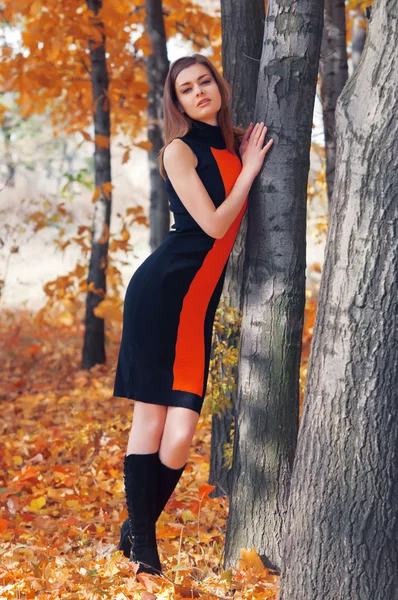 Hot young woman in autumn park — Stock Photo, Image