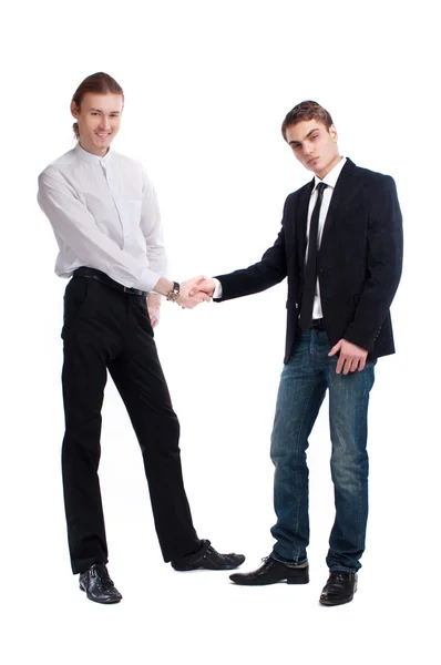 Two fashionable young men greet each other — Stock Photo, Image