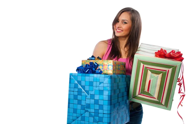 Woman holding boxes with gifts — Stock Photo, Image