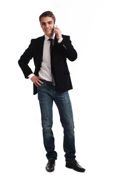 Young happy man holding mobile phone — Stock Photo, Image