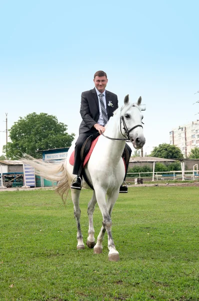 O jovem noivo montando em um cavalo branco — Fotografia de Stock