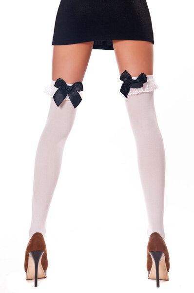 woman in black dress and white stockings