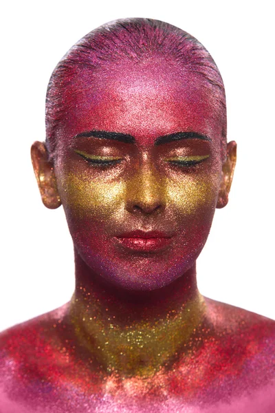 Glitter maquiagem em um belo rosto de mulher em um fundo branco — Fotografia de Stock