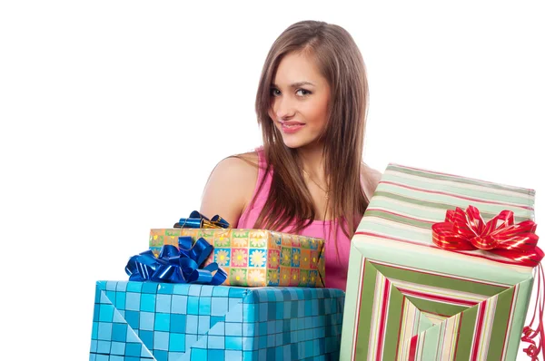 Žena hospodářství boxy s dárky — Stock fotografie