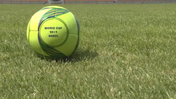 Balón de fútbol en el campo de hierba del estadio — Vídeos de Stock