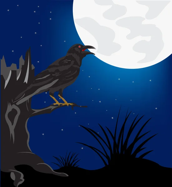 Black raven on tree in the night — Stock Vector